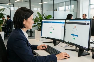 Femme professionnelle accédant à un portail métier avec authentification unique SSO sur poste de travail en entreprise