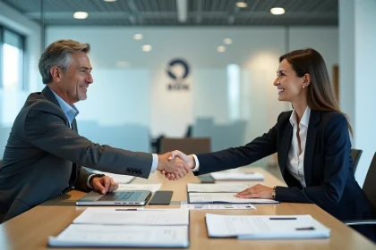 Deux professionnels signant un accord de partenariat ou de m&eacute;c&eacute;nat autour d'une table de r&eacute;union moderne avec des documents contractuels