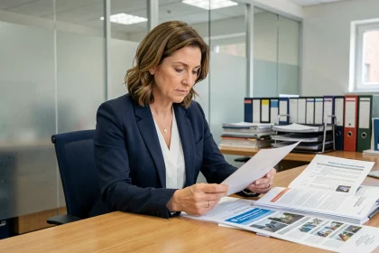 Acheteuse publique en train d'examiner un catalogue Berger Levrault dans un bureau administratif municipal