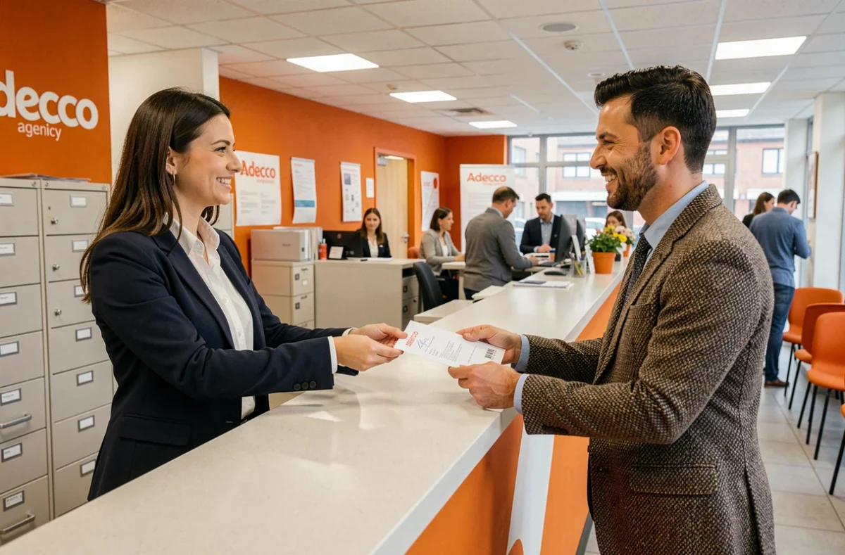 Recruteuse Adecco remettant un contrat signé à un candidat dans l'agence de Saint-Denis