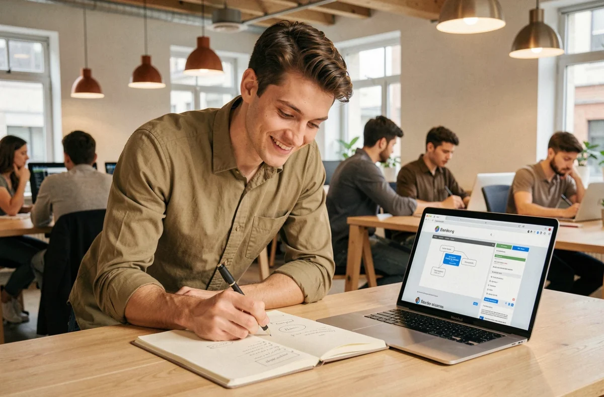Designer de l'Agence KN esquissant des wireframes de site web dans un espace de coworking moderne