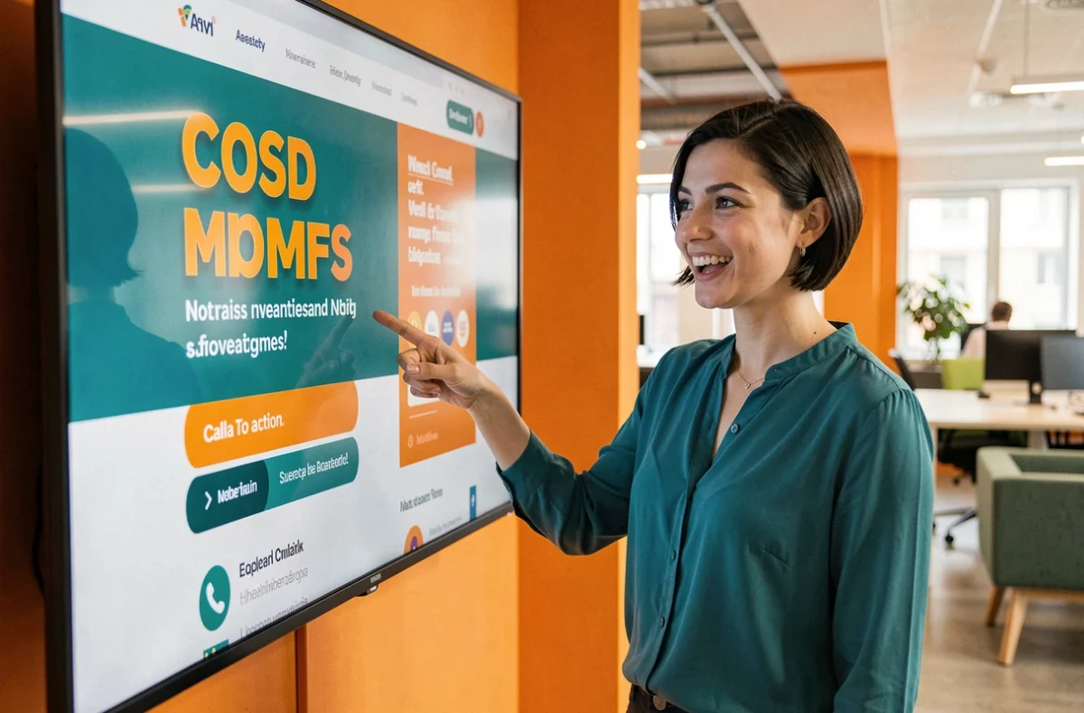 Consultante de l'agence web Koomet présentant une interface de site internet sur écran mural