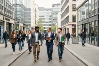 Scène urbaine animée en Seine-Saint-Denis avec des professionnels marchant devant des agences d'intérim modernes