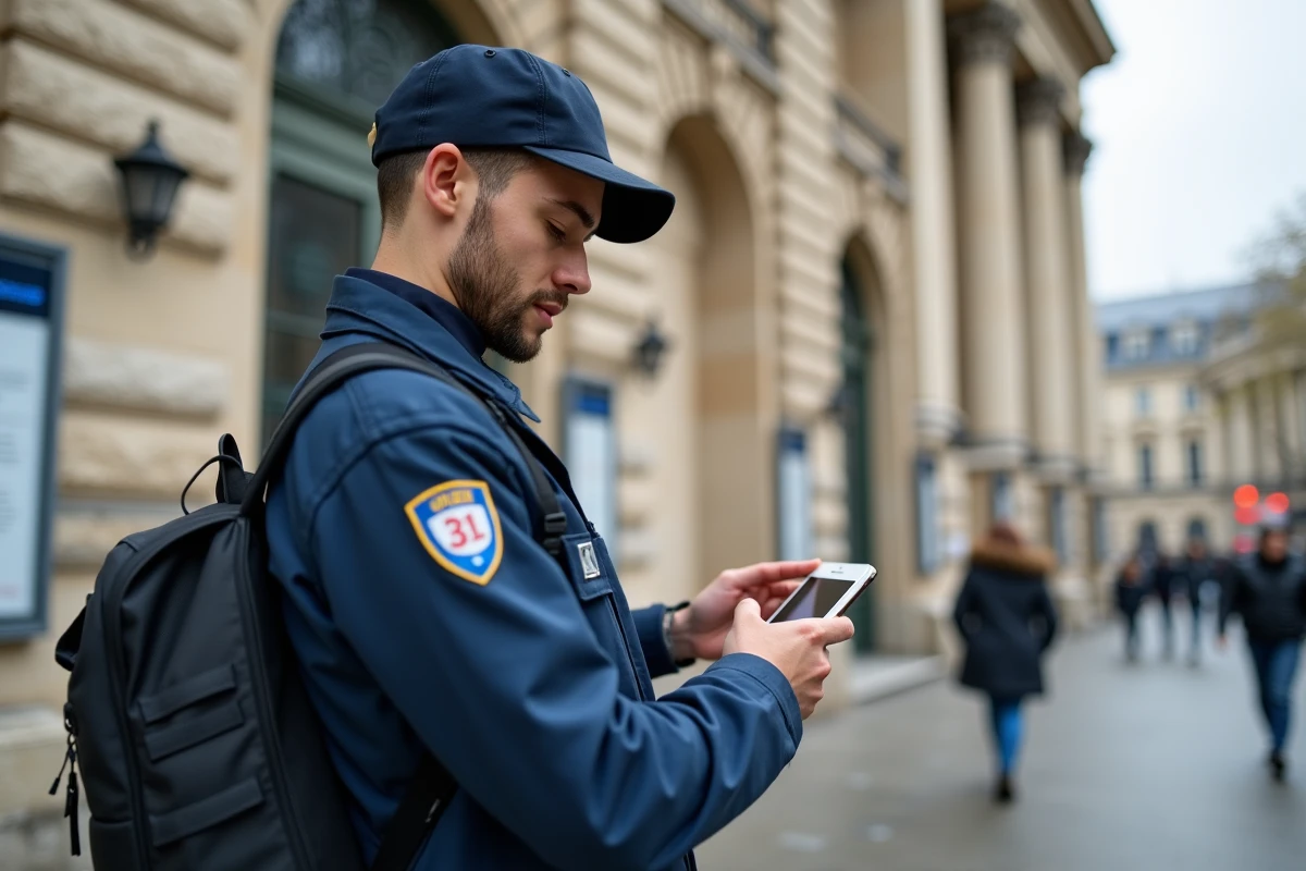 Jeune agent municipal utilisant une tablette devant l h&ocirc;tel de ville