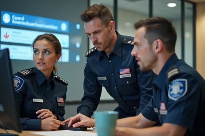 Agents des fronti&egrave;res autour d'un ordinateur en bureau moderne