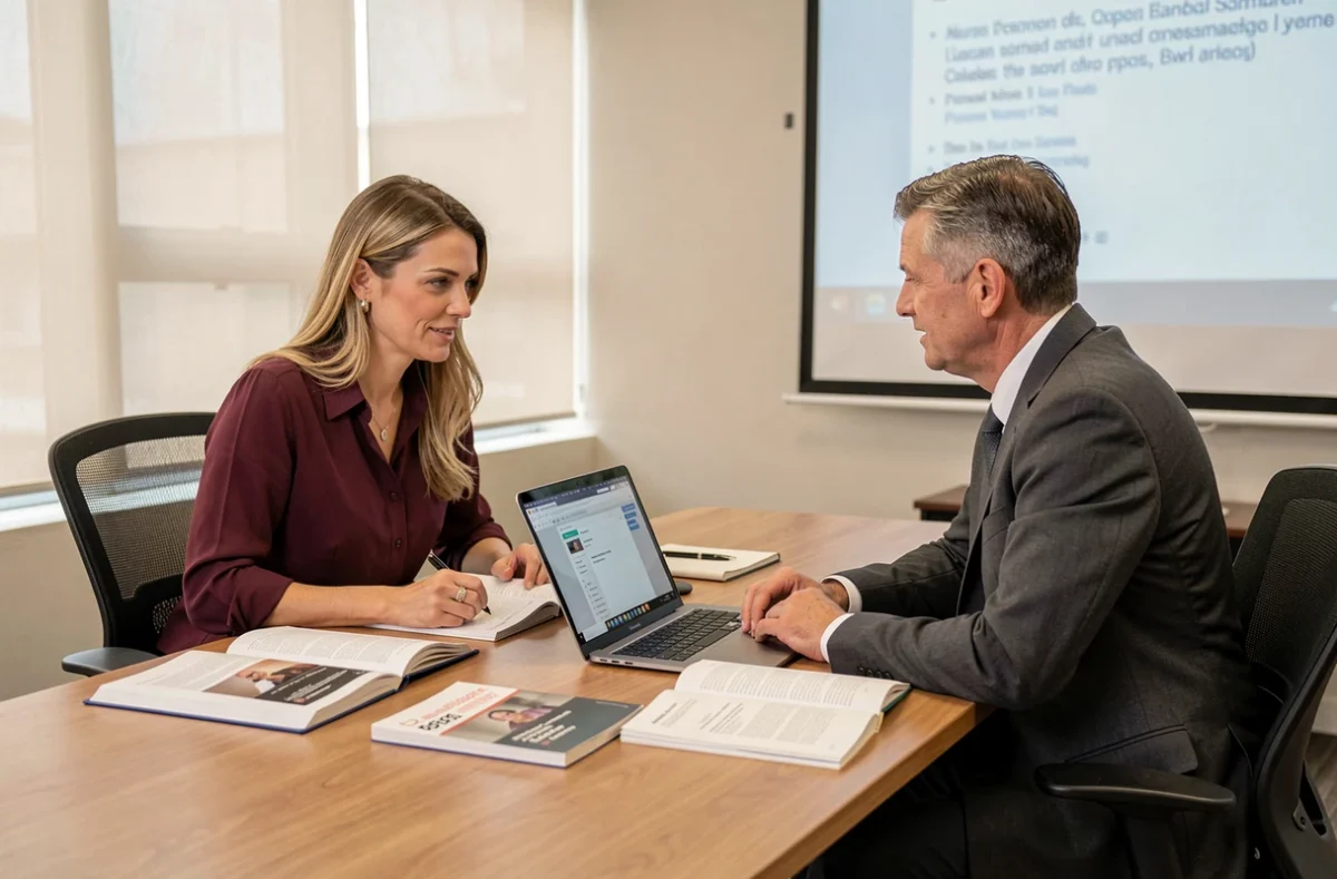 Deux agents publics discutant des avis sur les publications Berger Levrault lors d'une réunion de travail