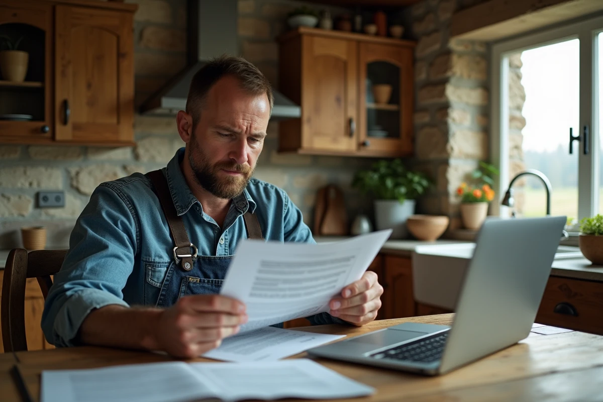 Agriculteur indépendant lisant un courrier officiel de la MSA à sa table de ferme avec un ordinateur portable ouvert sur un portail administratif