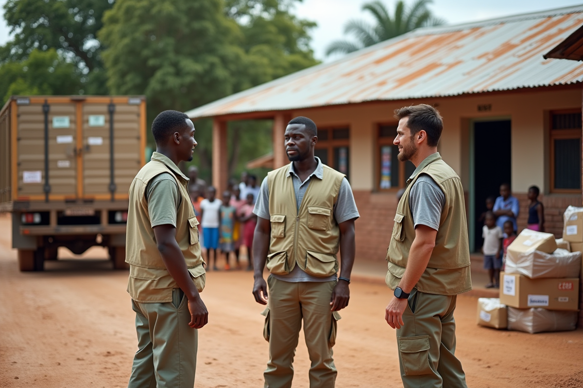 Aide humanitaire discutant à côté d un véhicule de secours