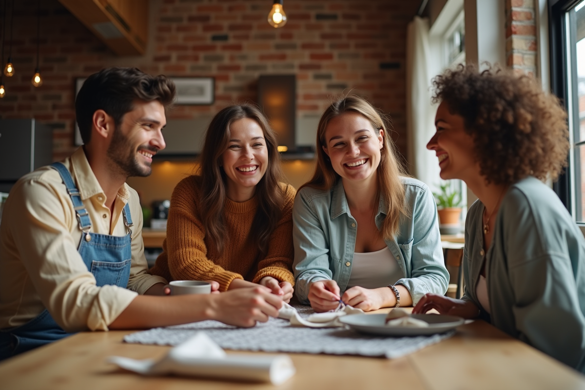 Amis souriants décorant une fête dans un loft cosy
