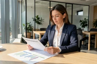 Femme d'affaires professionnelle analysant des documents de cession de commerce dans un bureau moderne