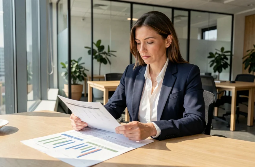 Femme d'affaires professionnelle analysant des documents de cession de commerce dans un bureau moderne