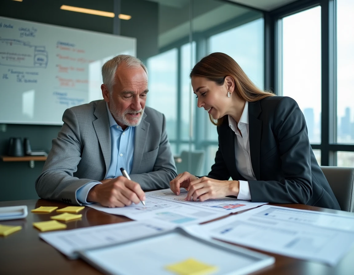Deux collègues analysant des documents comparatifs sur Stellantis Wiki et Wikipédia en salle de réunion