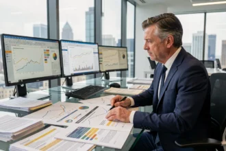 Analyste financier étudiant des données et rapports sur le fonctionnement interne d'un groupe d'entreprises