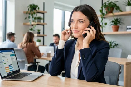 Femme professionnelle passant un appel téléphonique à froid dans un bureau moderne avec une attitude confiante et bienveillante