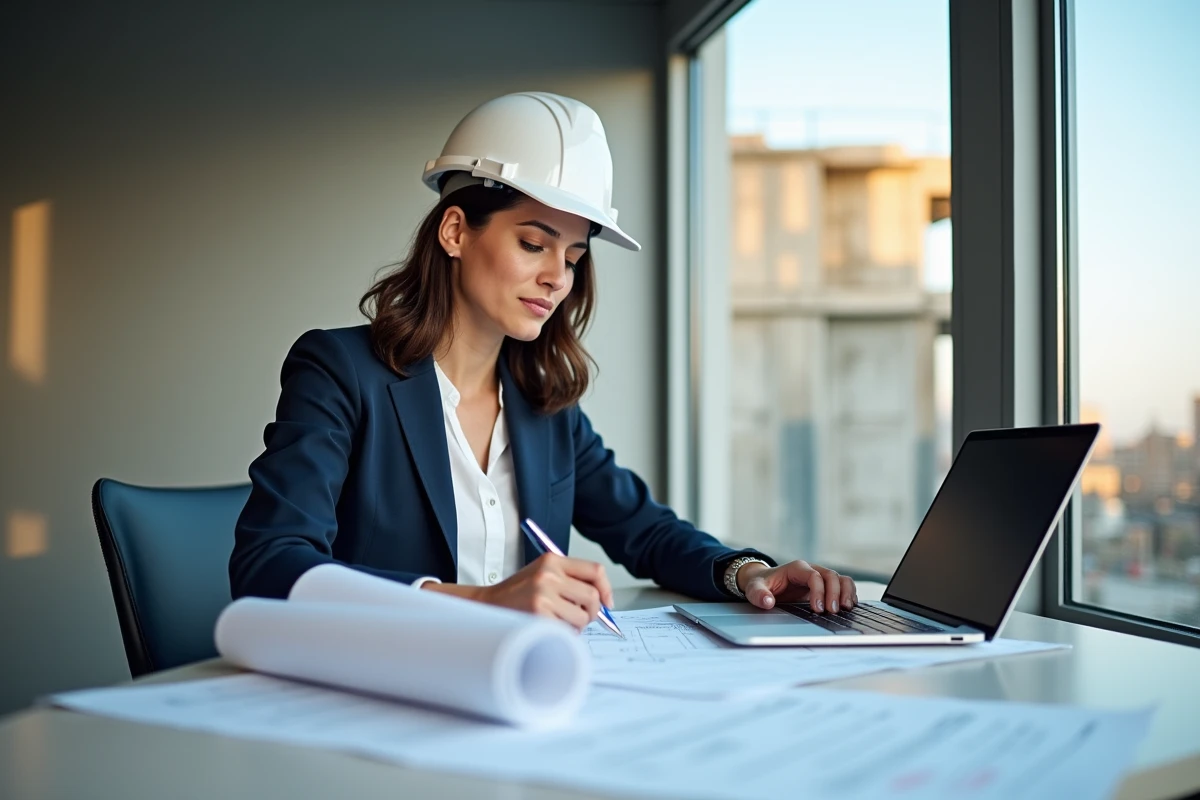 Architecte féminine examinant des documents de garantie et devis dans un bureau de chantier temporaire