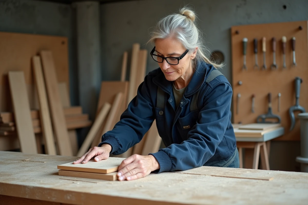 Femme artisane menuisière inspectant une pièce en bois dans un atelier de menuiserie professionnel
