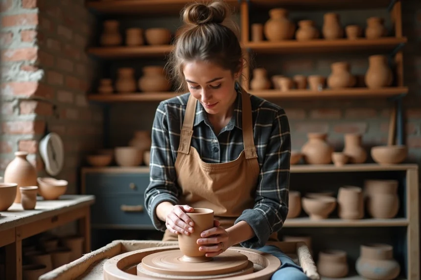 Artisane femme façonnant un vase en argile sur un tour de poterie dans un atelier artisanal authentique