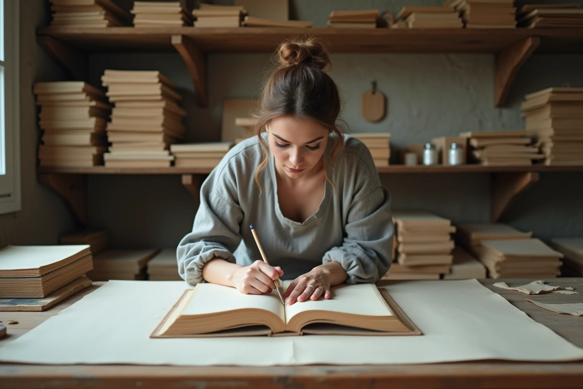 Jeune artisane relieuse cousant des pages à la main dans un atelier de reliure artisanale