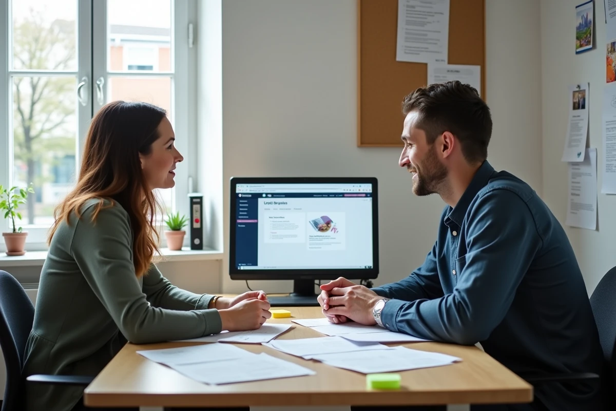 Deux membres d'une association consultant le portail URSSAF en ligne ensemble dans un bureau associatif