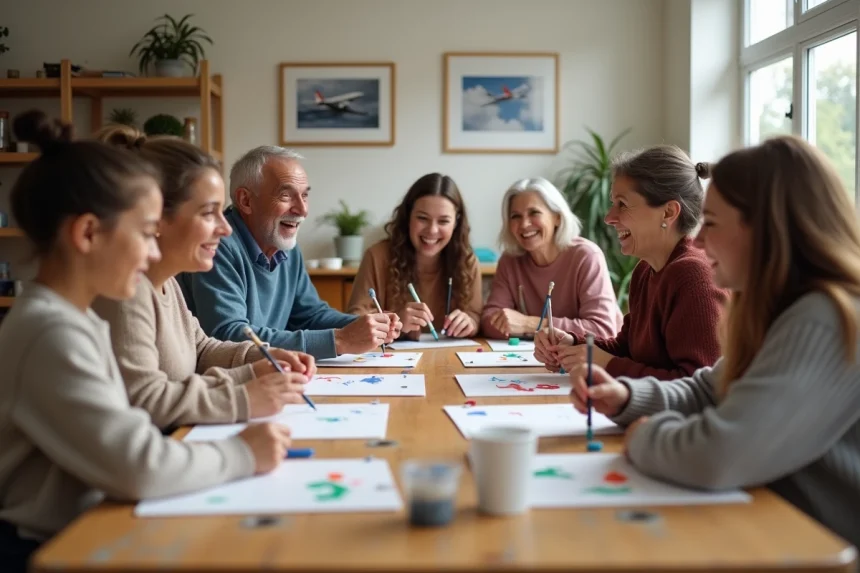 Groupe diversifi&eacute; lors d'un atelier cr&eacute;atif en int&eacute;rieur