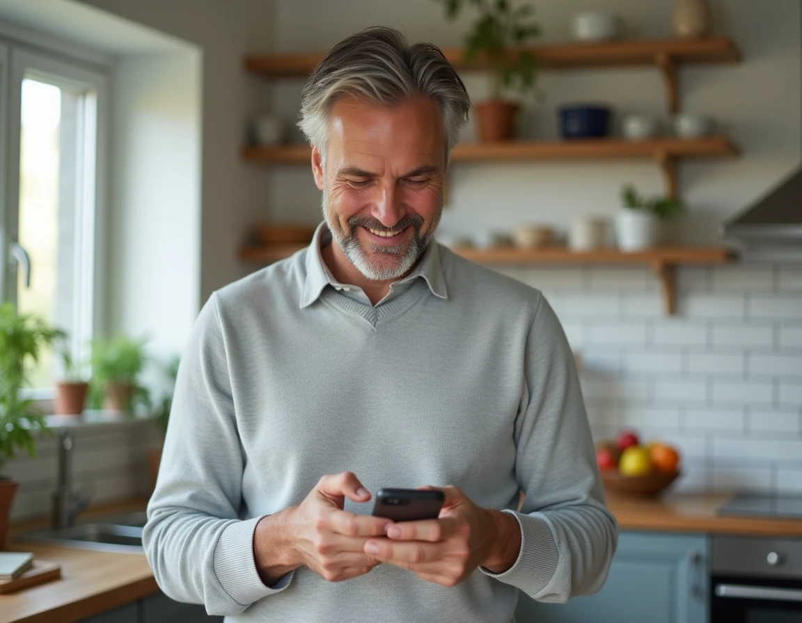 Homme consultant ses avantages salariés advango sur smartphone depuis son domicile