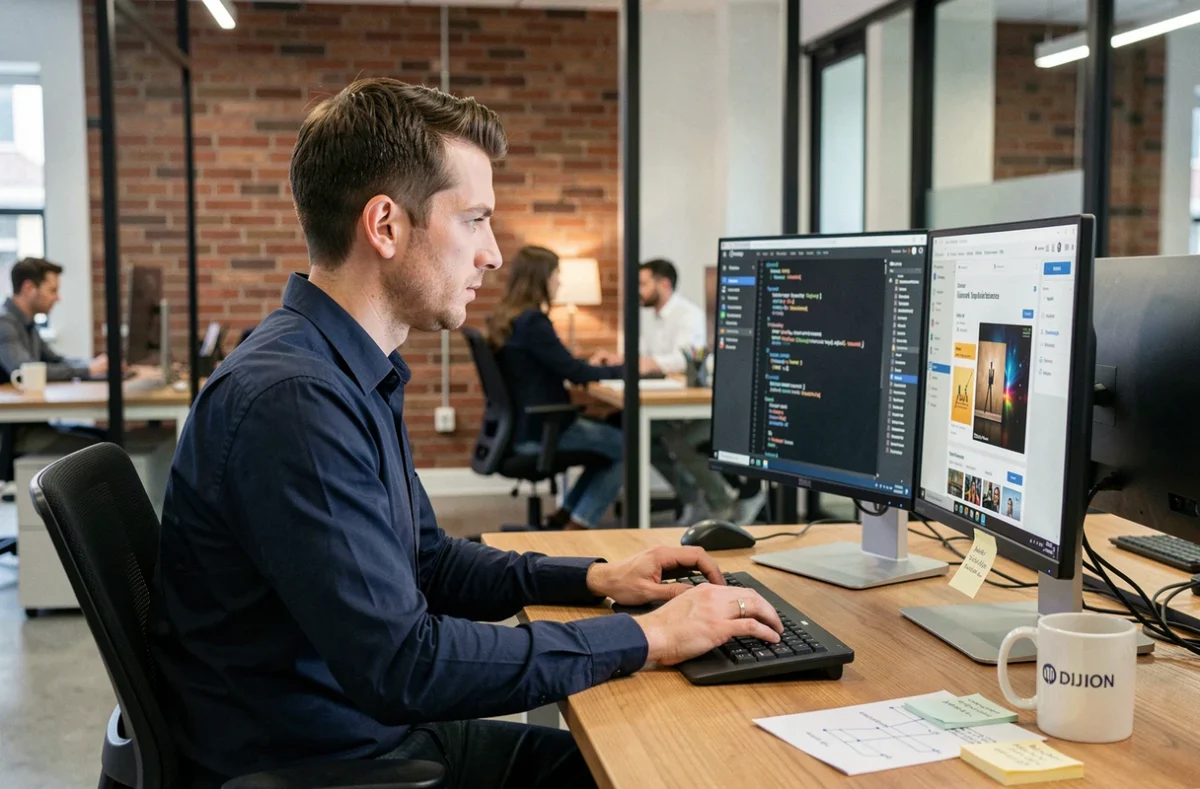 Développeur web de Biznet-Solution travaillant sur des interfaces numériques dans un bureau moderne à Dijon
