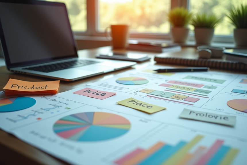 Bureau moderne avec graphiques marketing et ordinateur