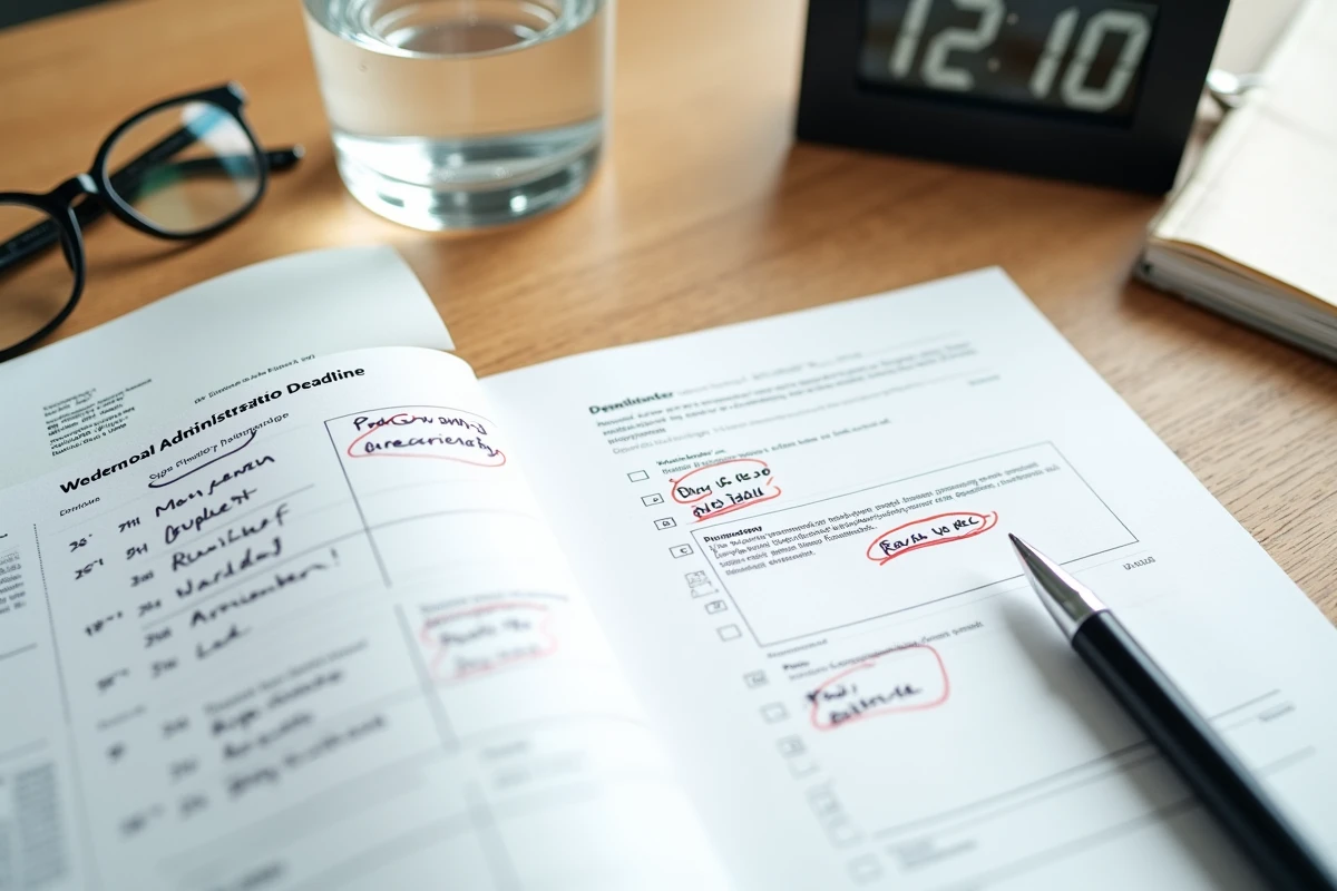 Calendrier avec dates encerclées et lettre de réponse administrative sur un bureau pour illustrer les délais de recours en jours ouvrables