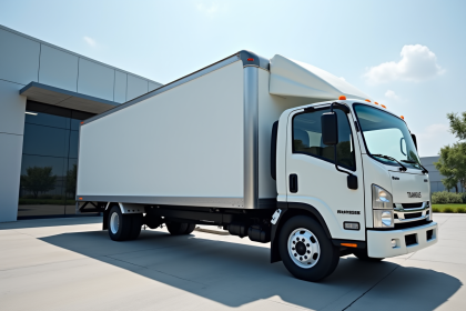 Camion utilitaire stationne devant un entrepôt moderne lumineux
