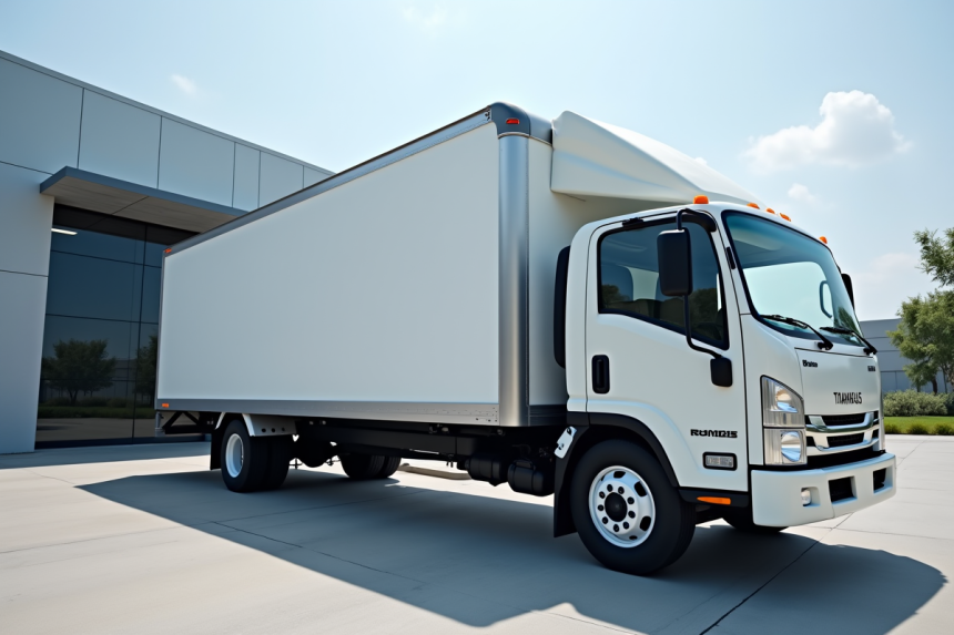 Camion utilitaire stationne devant un entrepôt moderne lumineux