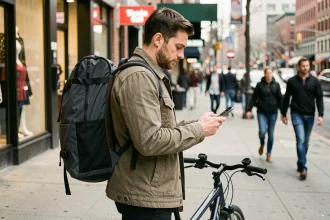 Homme en veste casual avec sac de livraison thermique consultant son smartphone à vélo en ville, illustrant le travail de chauffeur livreur Uber Eats en parallèle d'un CDI
