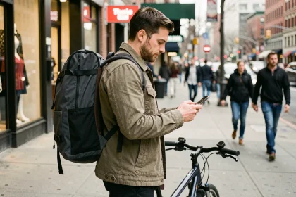 Homme en veste casual avec sac de livraison thermique consultant son smartphone à vélo en ville, illustrant le travail de chauffeur livreur Uber Eats en parallèle d'un CDI