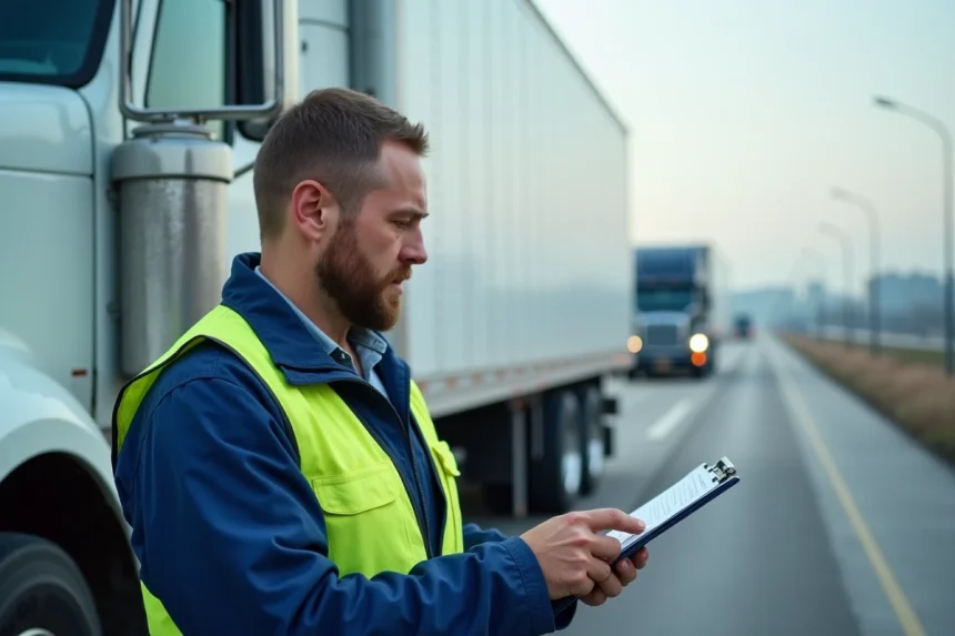 Conducteur de camion moderne avec clipboard devant son semi-remorque