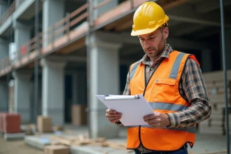 Chef de chantier en gilet haute visibilité consultant un devis sur un chantier BTP en activité