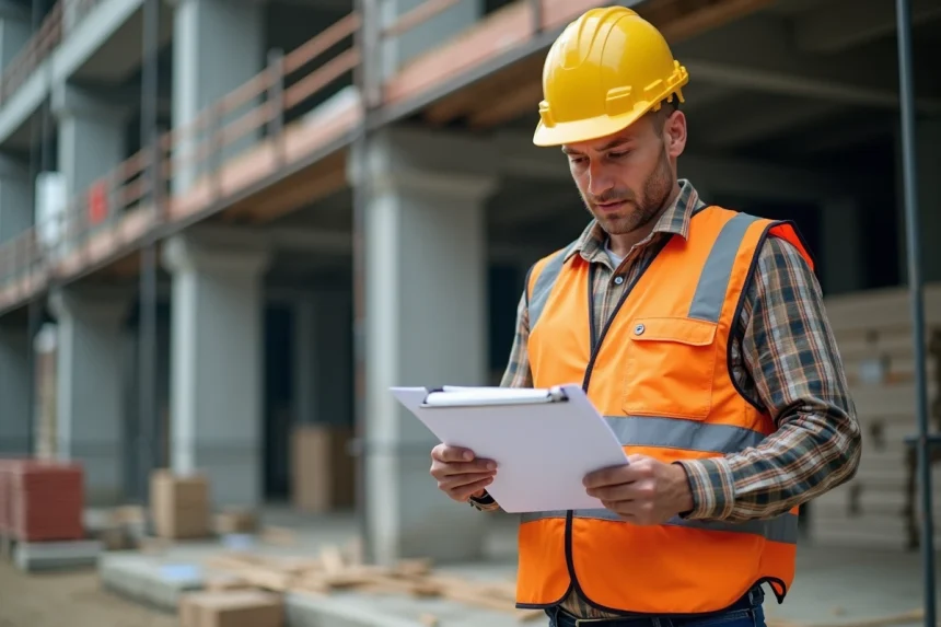 Chef de chantier en gilet haute visibilité consultant un devis sur un chantier BTP en activité