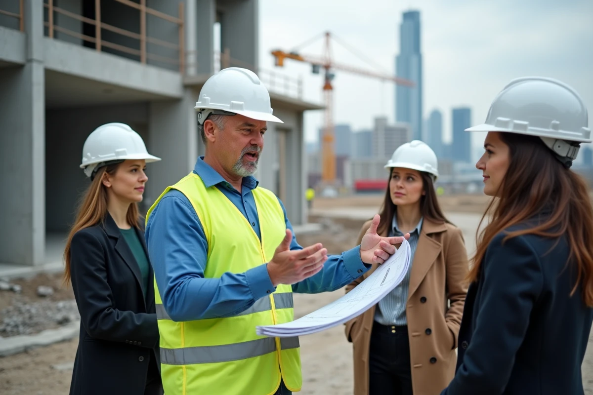 Ing&eacute;nieur en casque et gilet explique plans &agrave; une &eacute;quipe