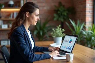 Cheffe d'entreprise consultant un tableau de bord de veille marketing sur son ordinateur portable dans un bureau moderne