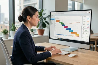 Cheffe de projet analysant un tableau de bord de gestion de projet sur un écran d'ordinateur dans un bureau moderne