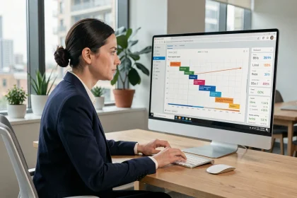 Cheffe de projet analysant un tableau de bord de gestion de projet sur un écran d'ordinateur dans un bureau moderne