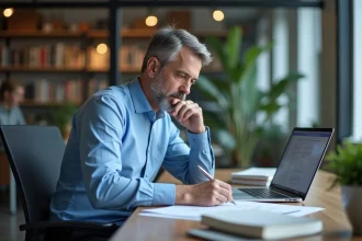 Chercheur d'âge moyen dans un bureau moderne en pleine réflexion
