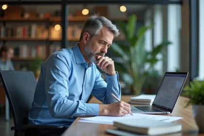 Chercheur d'&acirc;ge moyen dans un bureau moderne en pleine r&eacute;flexion