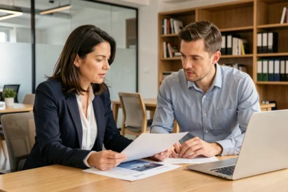Consultante et conseiller en agence de portage salarial examinant un contrat ensemble dans un espace de coworking moderne