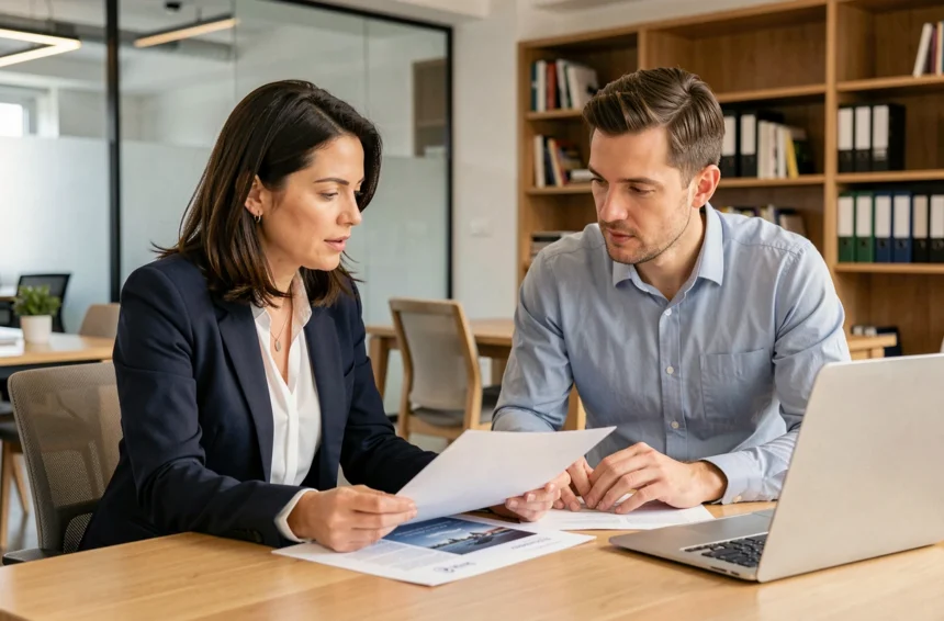 Consultante et conseiller en agence de portage salarial examinant un contrat ensemble dans un espace de coworking moderne
