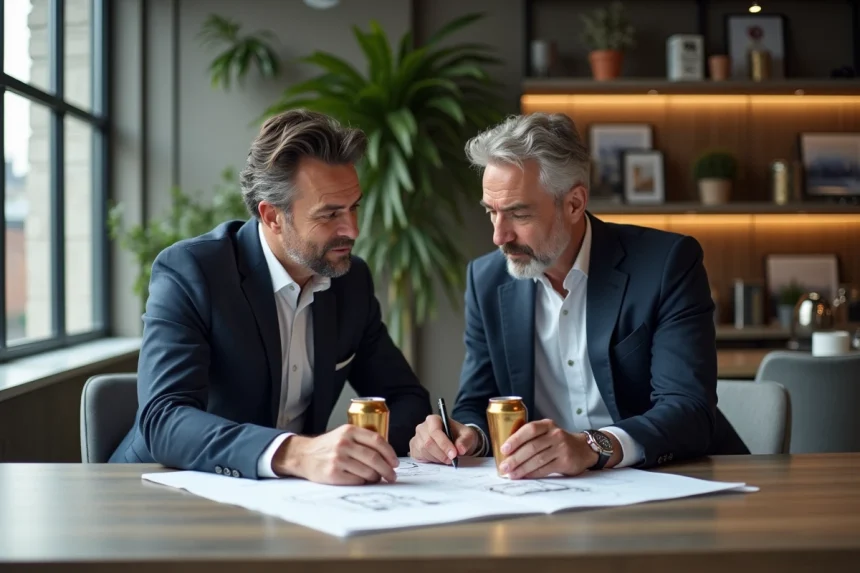 Deux hommes en costume cr&eacute;atif dans un bureau moderne