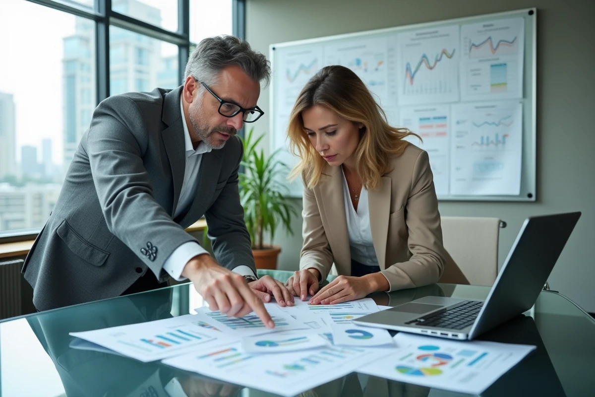 Deux professionnels B2B collaborant autour de graphiques d'analyse digitale dans une salle de réunion d'entreprise