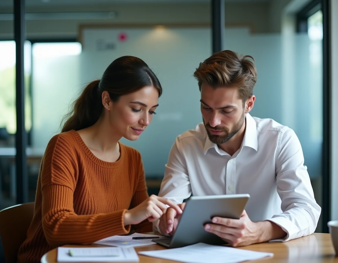 Deux collègues consultant ensemble les bons plans et avantages CSE advango sur une tablette en salle de réunion