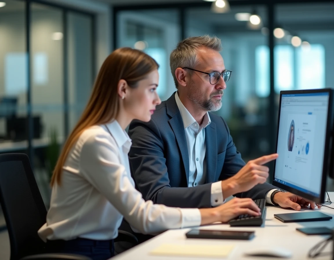 Deux collègues en train de configurer et gérer un espace compte CIVC ensemble dans un bureau moderne