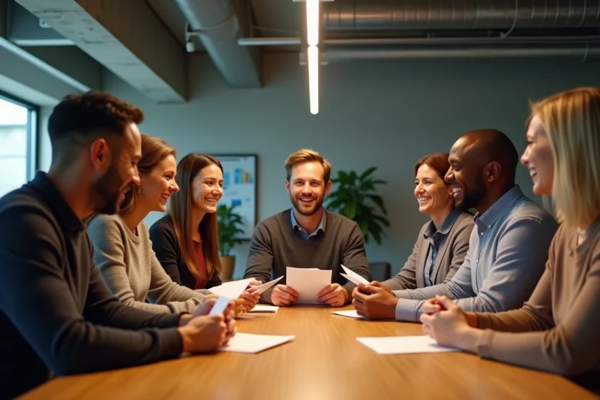Groupe de collègues réunis autour d'une table en entreprise pour signer une carte de départ et échanger des mots chaleureux lors d'un pot de départ