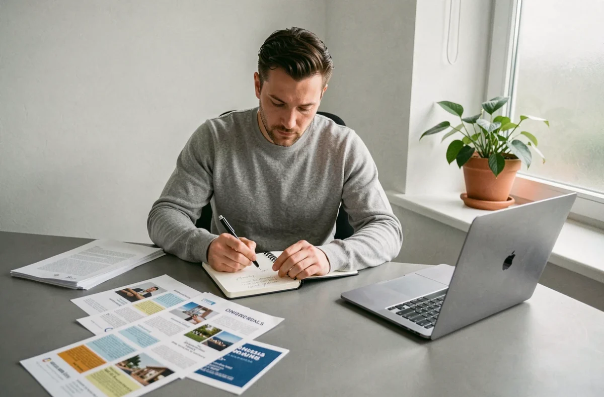 Freelance comparant des offres d'agences de portage salarial depuis son bureau à domicile avec des brochures et un ordinateur portable