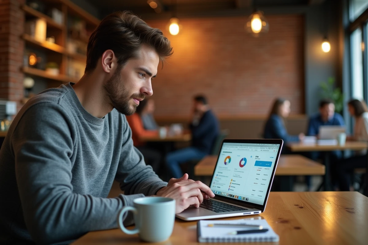 Consultant marketing comparant des cas d'usage et tarifs d'outils IA marketing sur un laptop dans un café